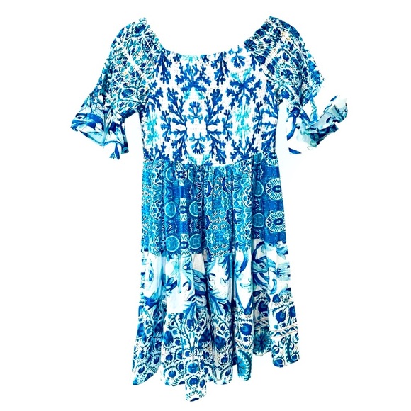 Antica Sartoria Dresses & Skirts - Antica Sartoria Dress Cover Up Blue & White Boho One Size Ruffle Sleeve